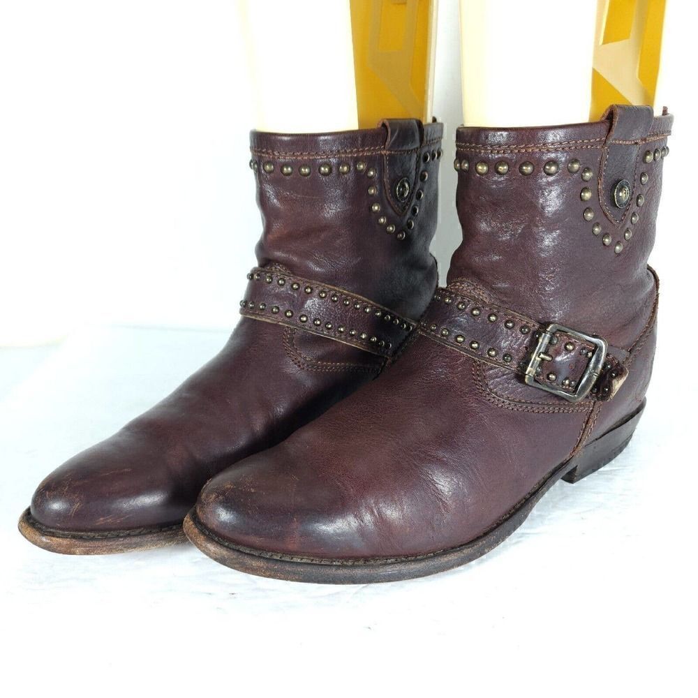 Frye Women's US 8B Brown Leather Studded Strap ankle Western Boots Booties